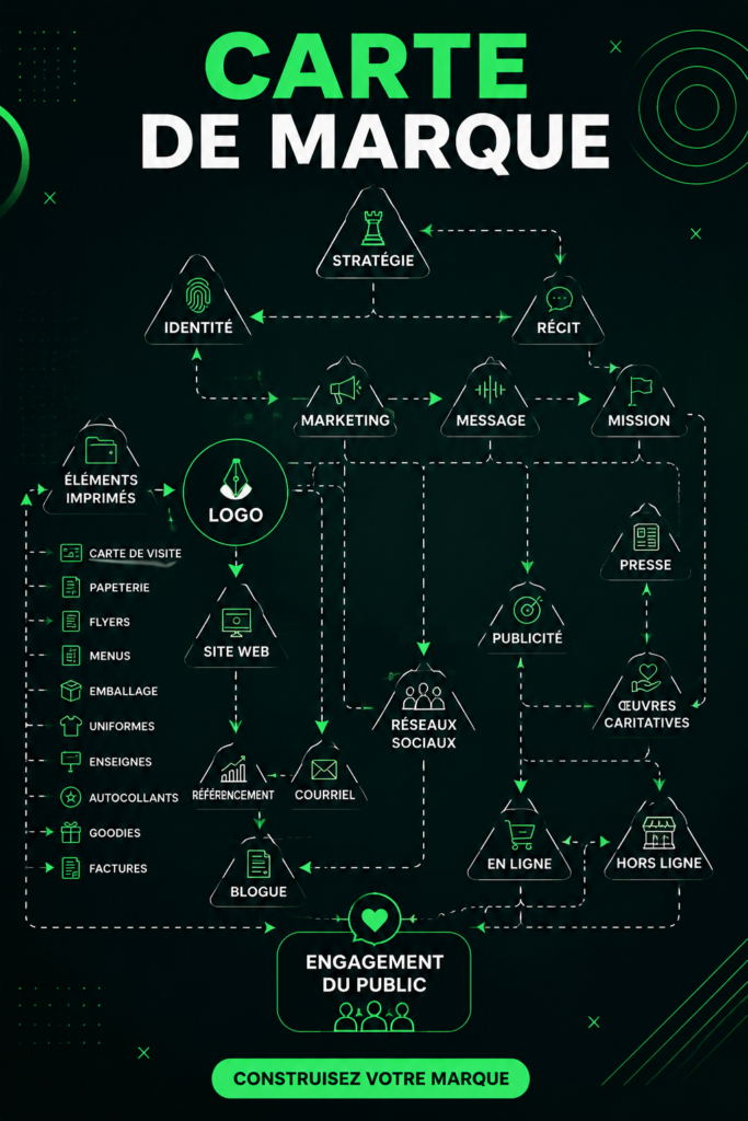 Carte de branding illustrant les éléments clés d'une identité de marque forte.