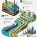 Illustration de la chaîne de valeur pétrolière, représentant les étapes de production et de distribution.