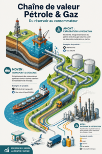 Illustration de la chaîne de valeur pétrolière, représentant les étapes de production et de distribution.