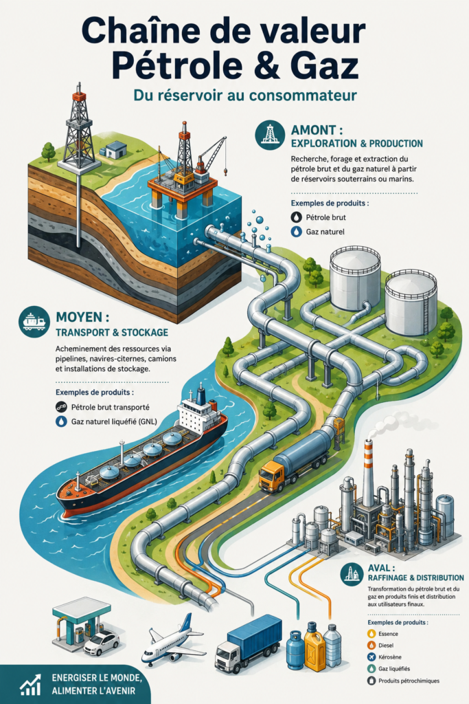Illustration de la chaîne de valeur pétrolière, représentant les étapes de production et de distribution.