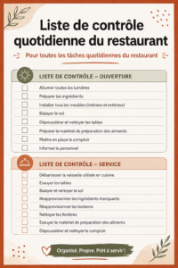 Gestion efficace d'un restaurant avec une checklist quotidienne.