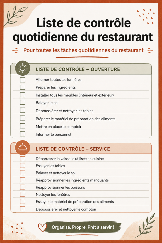 Gestion efficace d'un restaurant avec une checklist quotidienne.
