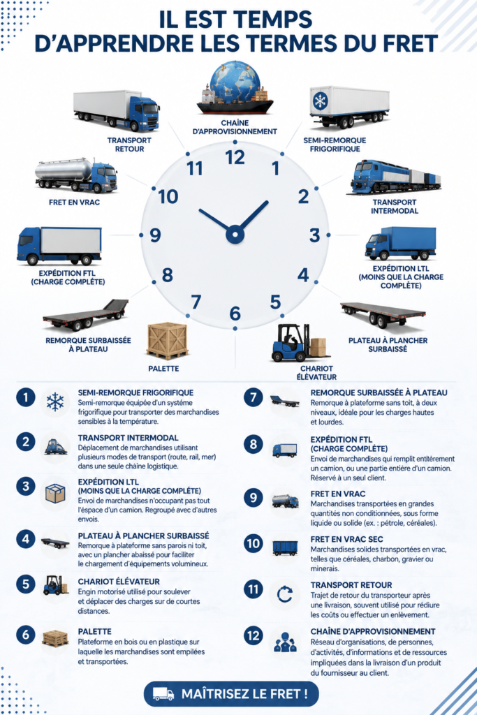 Un guide visuel sur les termes de transport et de fret, essentiel pour les professionnels du secteur.