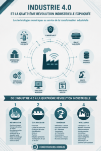 Illustration de l'Industrie 4.0 montrant une usine intelligente avec des machines connectées et des technologies avancées.