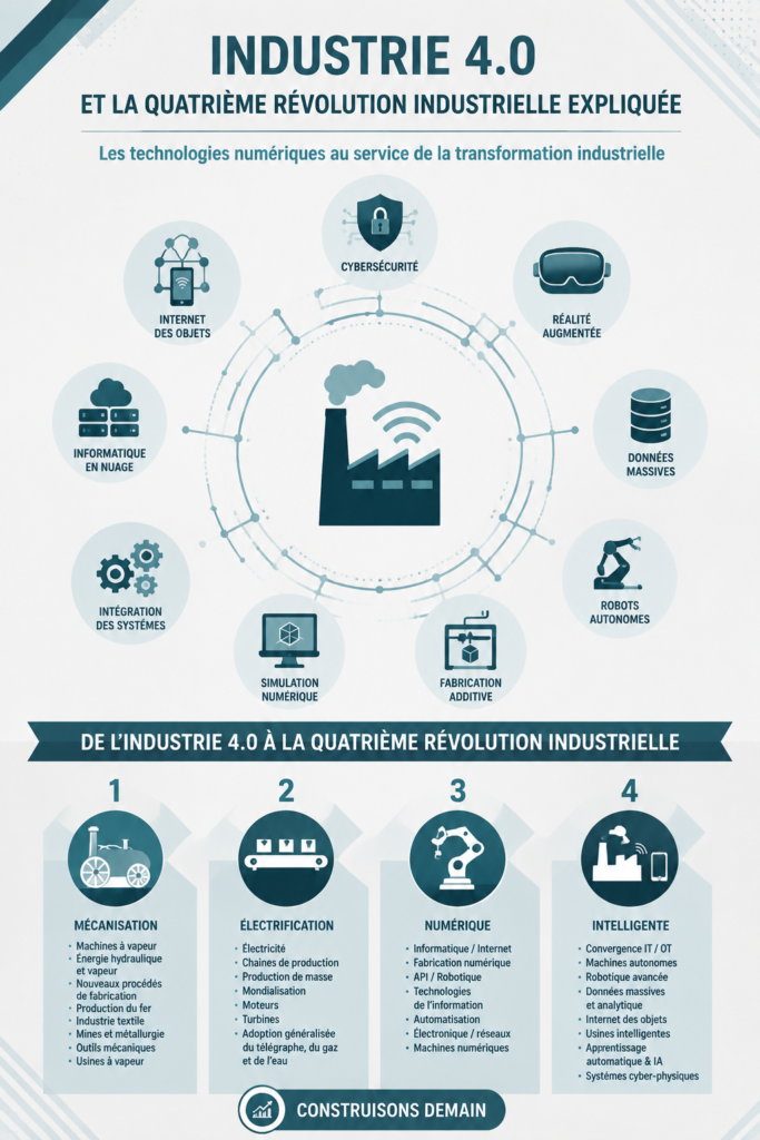 Illustration de l'Industrie 4.0 montrant une usine intelligente avec des machines connectées et des technologies avancées.