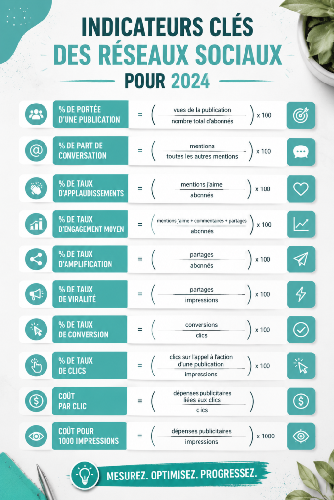Infographie sur les KPIs des réseaux sociaux pour 2024 avec des graphiques colorés et des indicateurs clés.