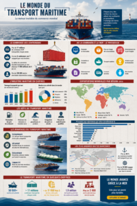 Un cargo naviguant sur l'océan, symbolisant l'expédition internationale.