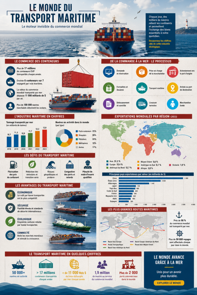 Un cargo naviguant sur l'océan, symbolisant l'expédition internationale.