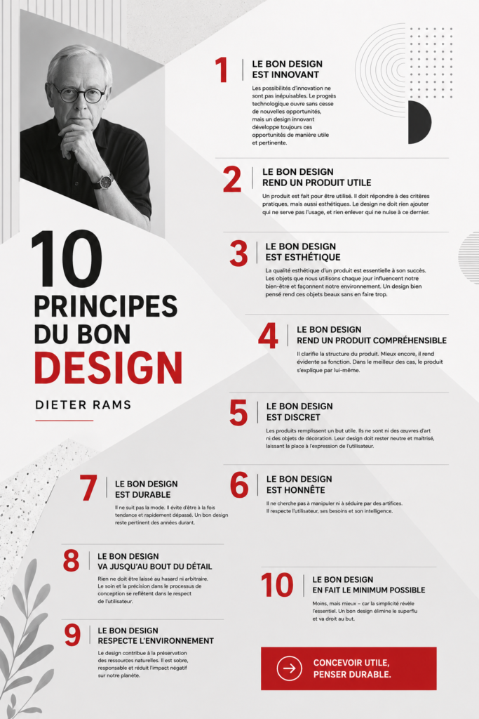 Affiche présentant les 10 principes de design de Dieter Rams, mettant en avant l'approche minimaliste et fonctionnelle.