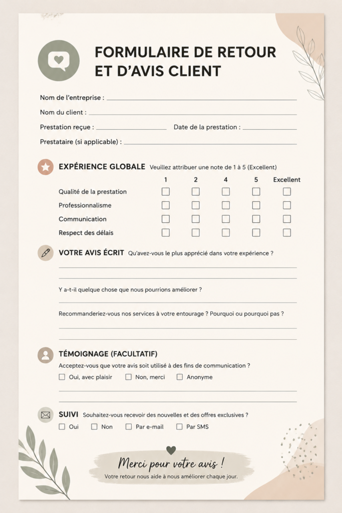Formulaire de feedback client en B2B pour recueillir des avis