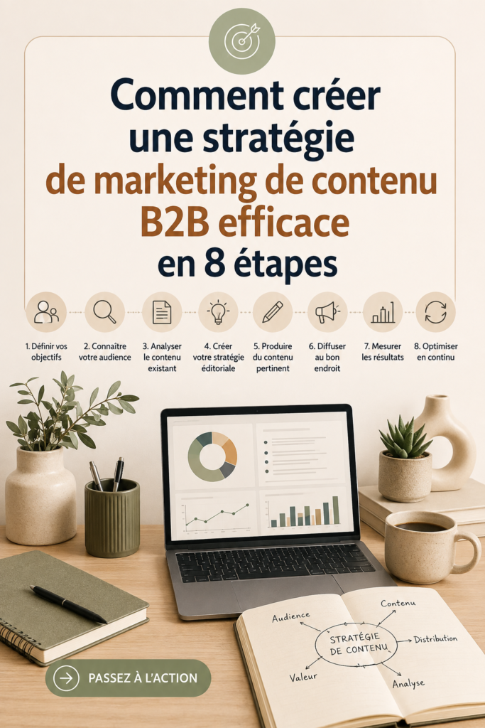 Stratégie de marketing de contenu B2B illustrée par des graphiques et des notes.