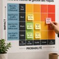 Une femme d'affaires souriante prenant des notes lors d'une session de brainstorming en équipe.