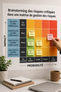 Une femme d'affaires souriante prenant des notes lors d'une session de brainstorming en équipe.