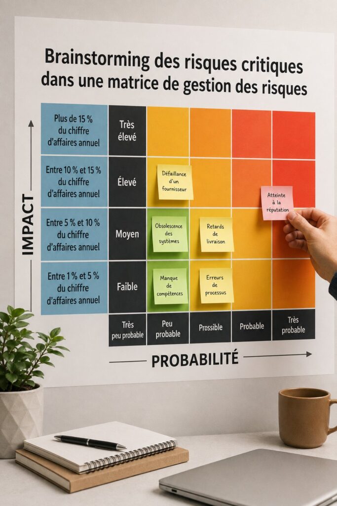 Une femme d'affaires souriante prenant des notes lors d'une session de brainstorming en équipe.