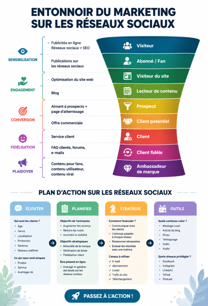Illustration d'un tunnel de marketing appliqué aux réseaux sociaux avec des étapes clarifiées