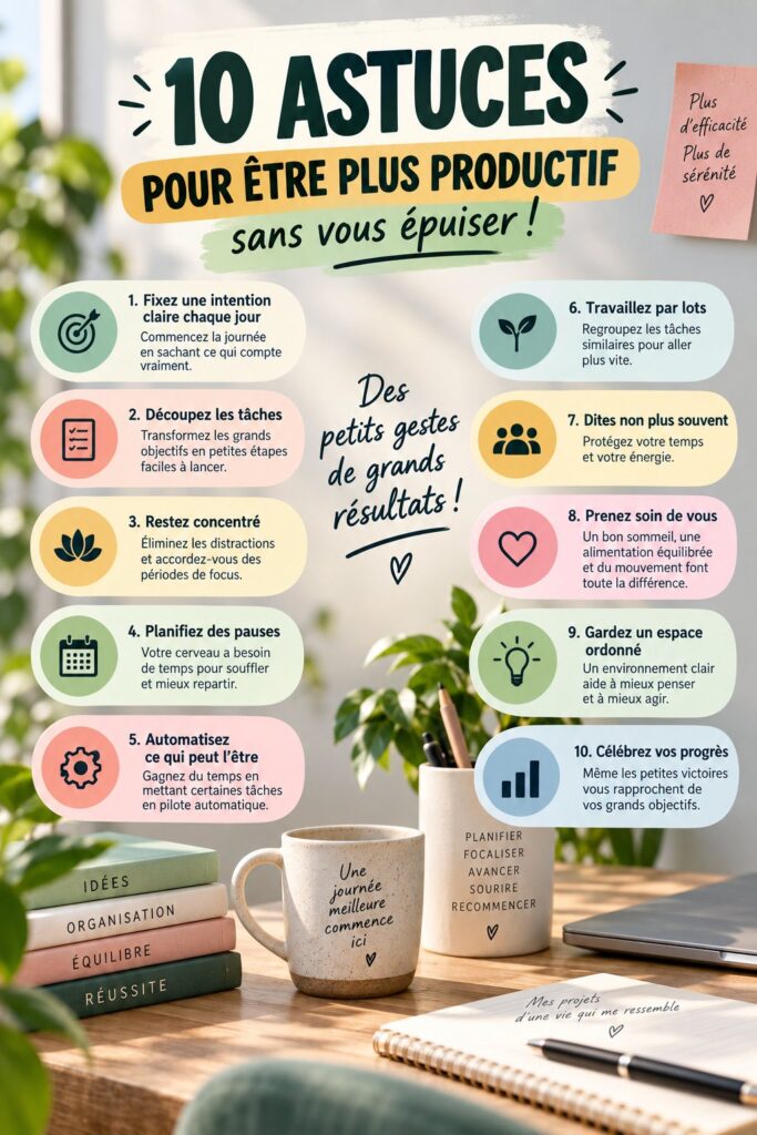 Femme en train de travailler avec un sourire, entourée de matériel de bureau organisé.