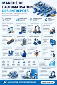 Une femme professionnelle présentant un entrepôt automatisé, illustrant la modernité et l'efficacité des solutions B2B.