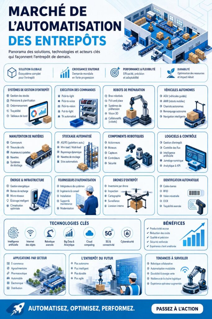 Une femme professionnelle présentant un entrepôt automatisé, illustrant la modernité et l'efficacité des solutions B2B.