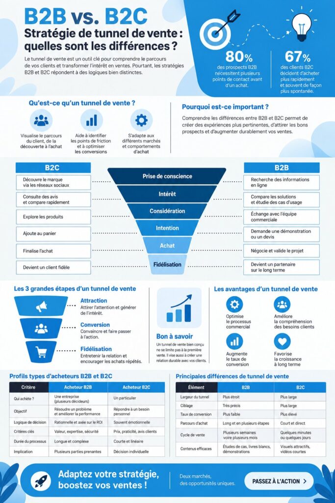 Un graphique illustrant les différences entre les stratégies B2B et B2C dans le marketing.