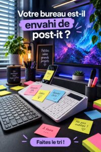 Bureau organisé sans post-it, montrant une ambiance de travail apaisante.
