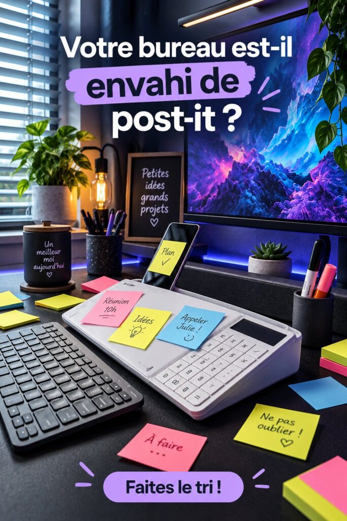 Bureau organisé sans post-it, montrant une ambiance de travail apaisante.