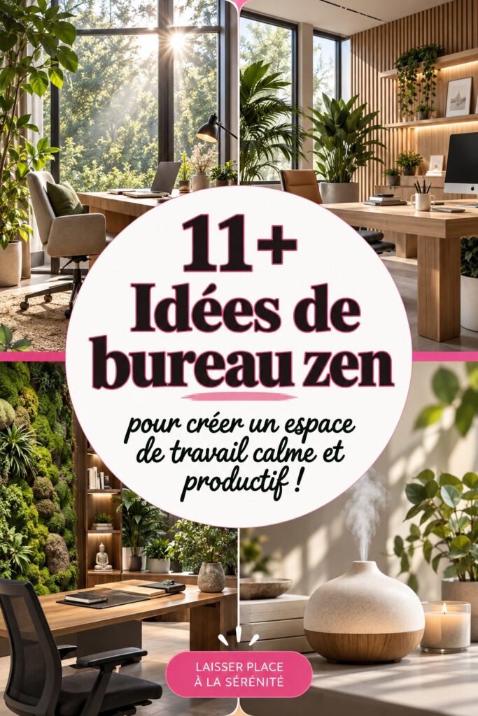 Un bureau zen moderne avec des plantes, des accessoires naturels et des couleurs apaisantes.