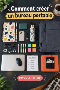 Bureau portable bien organisé avec des fournitures de bureau pratiques