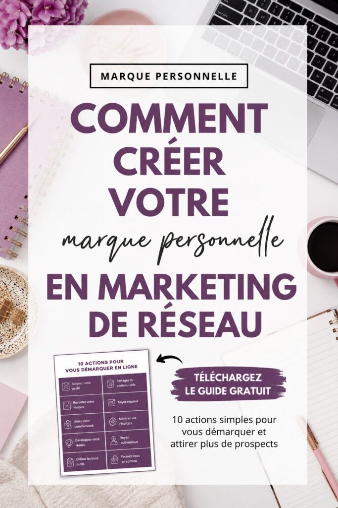 Femme travaillant sur sa marque personnelle en marketing de réseau, entourée d'éléments inspirants et professionnels.