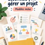 Femme d'affaires utilisant des documents de projet sur son bureau.