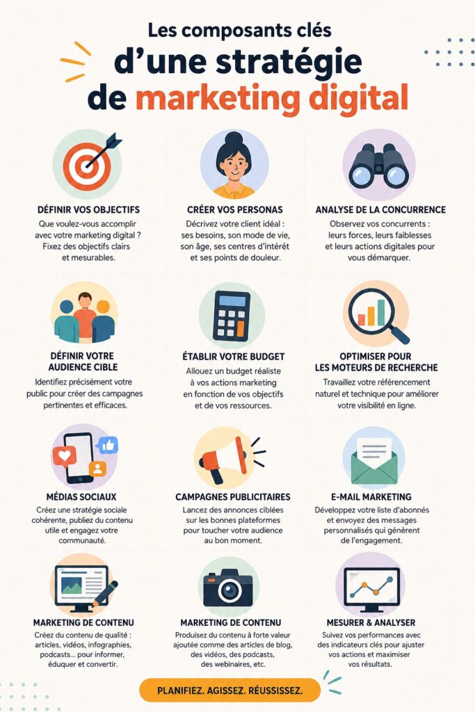 Image représentant les éléments clés d'une stratégie marketing digital pour femmes professionnelles.
