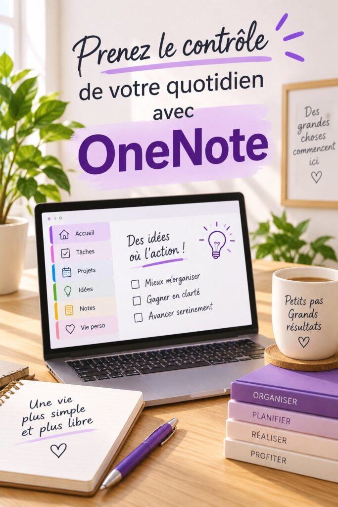 Capture d'écran de l'interface OneNote avec des tâches et projets organisés.