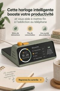 Horloge intelligente sur un bureau moderne, symbolisant la productivité au travail.