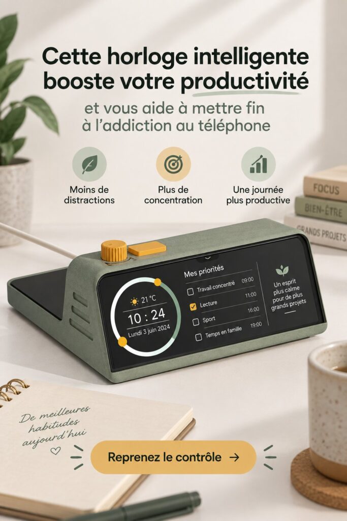 Horloge intelligente sur un bureau moderne, symbolisant la productivité au travail.