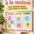 Un tableau Kanban coloré avec des post-it représentant les tâches familiales en cours.