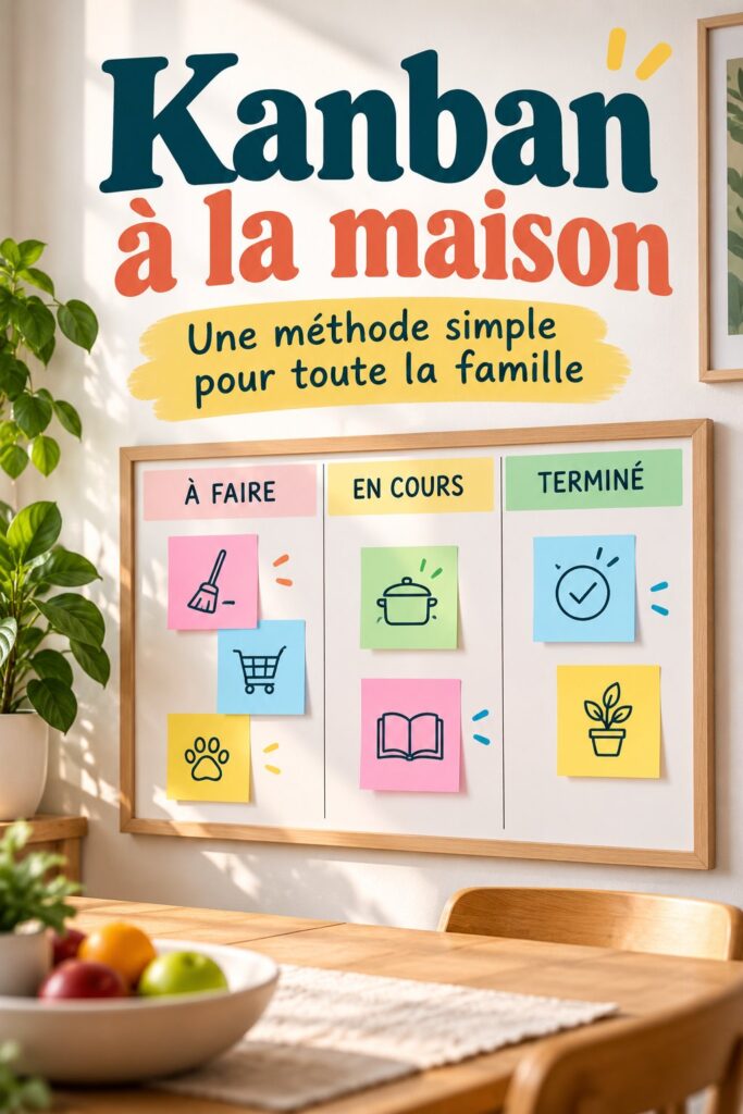 Un tableau Kanban coloré avec des post-it représentant les tâches familiales en cours.