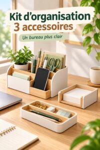 Kit d'organisation de bureau en bois clair sur un bureau moderne.