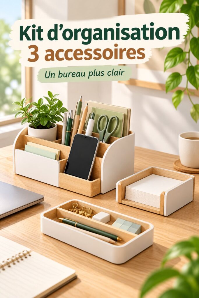 Kit d'organisation de bureau en bois clair sur un bureau moderne.