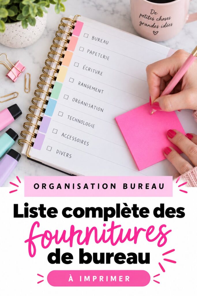 Liste imprimable de fournitures de bureau sur un fond de bureau organisé