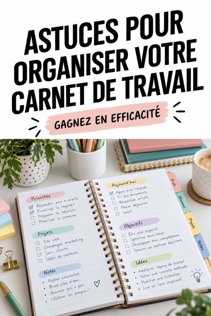 Un carnet de travail bien organisé avec des notes colorées et des sections clairement définies.