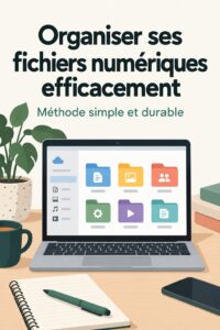 Femme organisant ses fichiers sur un ordinateur portable dans un bureau bien rangé.