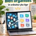 Une femme travaille sur un ordinateur bien organisé, avec des fichiers et dossiers triés sur l'écran.