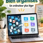 Une femme travaille sur un ordinateur bien organisé, avec des fichiers et dossiers triés sur l'écran.