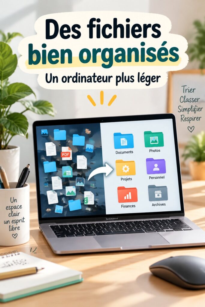 Une femme travaille sur un ordinateur bien organisé, avec des fichiers et dossiers triés sur l'écran.