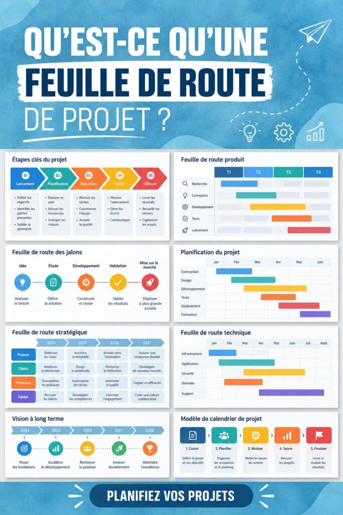 Illustration d'une feuille de route de projet avec des étapes clés