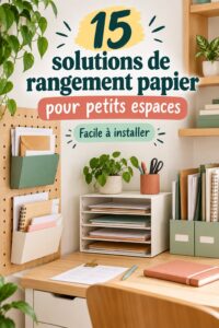 Espace de travail organisé avec différents rangements pour documents.