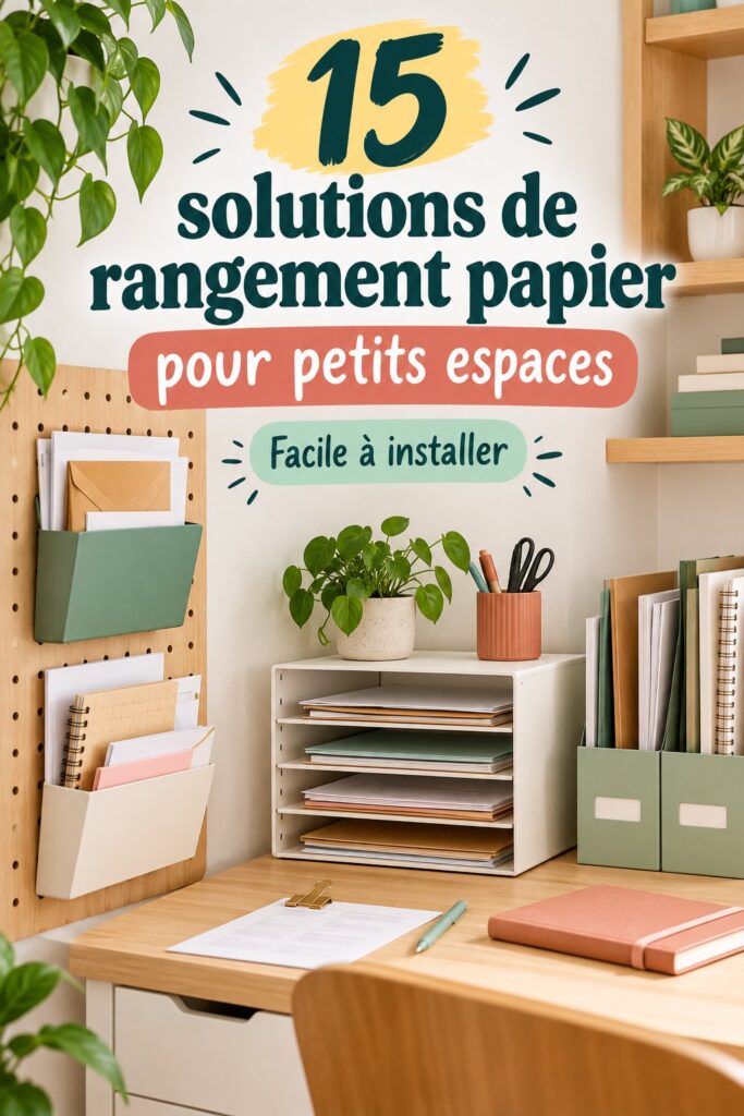 Espace de travail organisé avec différents rangements pour documents.