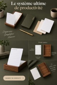 Système de productivité illustré avec des outils d'organisation et des feuilles de travail.