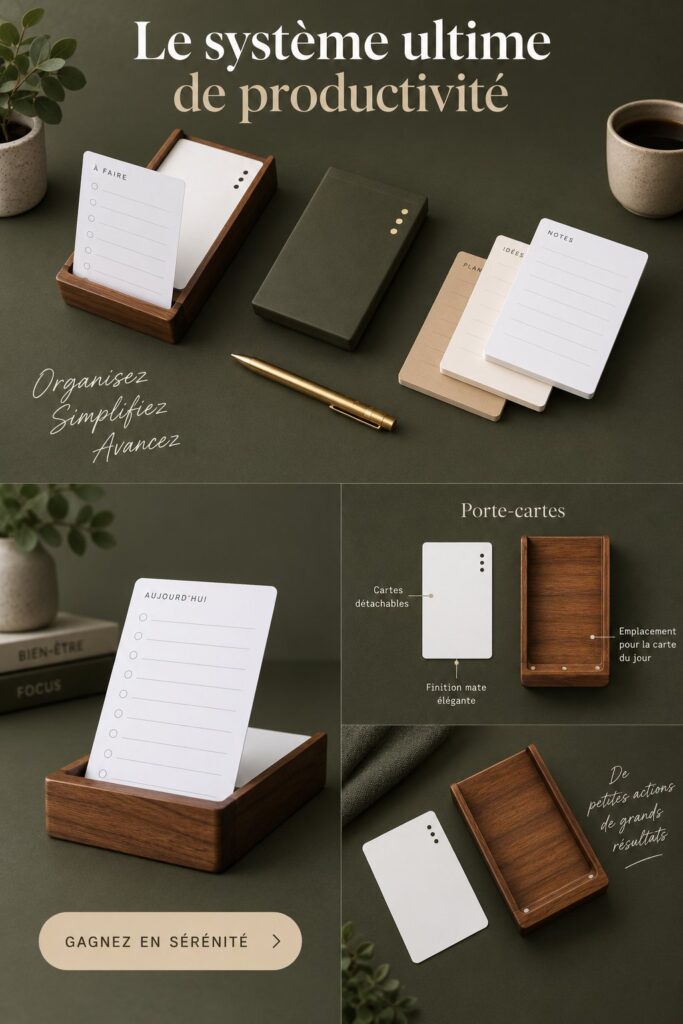 Système de productivité illustré avec des outils d'organisation et des feuilles de travail.
