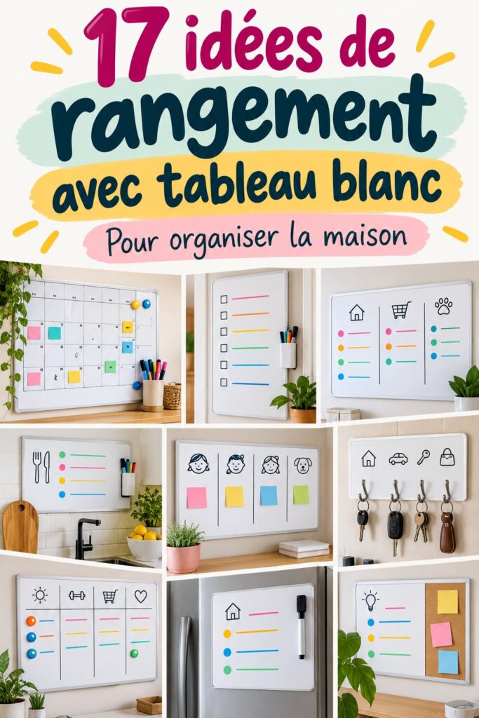 Un tableau blanc décoré avec des notes et des illustrations dans un espace bureau moderne.