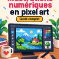 Illustration numérique en pixel art coloré représentant des personnages et des éléments créatifs